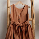 MQTIME  -  Vintage Cotton Linen Girls Sleeveless Dress Chic Open Back Buttons Bandage Bow Sweet Loose Wending Evening Party Dresses