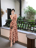 MQTIME  -  Summer French Fashion Spaghetti Strap Square Neck Sleeveless Party Evening Dress Woman Elegant Print Lace Up Midi Prom Dress