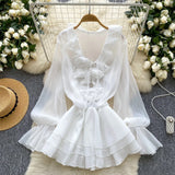 MQTIME  -  Summer New 3D Floral Beach Short Dress Female Long Sleeves Lace Up Ruffle Chiffon Cake Sundress Sheer Sexy Bohemian Vestidos