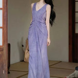 MQTIME  -  Chinese Style Purple Linen Blend Midi Slip Dress Women V Neck Sleeveless Front Twist Ruched Summer Slim Bag Hip Flowy Long Dress