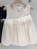MQTIME  -  Summer New French Small Fragrance Style Paired Feather Sleeveless Doll Shirt Female Round Neck Short White Tank Top Women Trendy