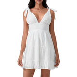 MQTIME  -  Women Summer White Dress Bow Lacing Strap V-Neck Hollow Eyelet Ruffle Hem A-Line Short Cami Dresses
