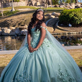 MQTIME  -   Sage Green Quinceanera Dress Ball Gown With Cape Crystal Sweet 15 Vestidos  Prom Pageant Gowns Corset