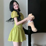 MQTIME  -  Slimming Bubble Hem Square Ne Chiffon ort Dr Women's Sexy Summer Sle Princ Waist Cinched Skirt