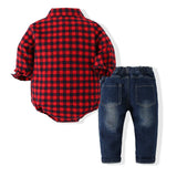 MQTIME  -  2Piece Fall Toddler Boy Outfits Newborn Clothes 0 3 Months Korean Fashion Plaid Long Sleeve Bodysuit+Jeans Baby Clothing BC1636