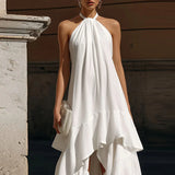 MQTIME  -  Simple White Sexy Halter Off Shoulder Party Dress Women Spring Solid Loose Ruffles Irregular Dress Summer Sleeveless Boho Drsses
