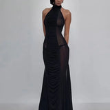 MQTIME  -  Ruched Patchwork See Through Mesh A-line Maxi Dress Women Sexy Halter Backless Bodycon Night Clubwear Party Long Robe Beachwear