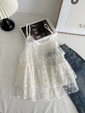  MQTIME  -  Sweet Flower Hollow Out Gauze Solid Sheer Loose All Match Summer Tanks
