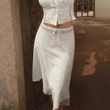  MQTIME  -  Vacation Mesh Lace Skirt Long Hollow Summer Tie Waist New Design White