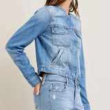 MQTIME  -  Autumn New Women's Slim Fit Short Style Collarless Long Sleeved Denim Jacket with Multiple Pockets Workwear Jacket