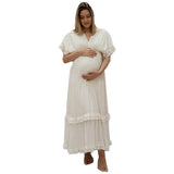  MQTIME  -  Maternity Dress Photoshoot White Ruffle Ruched Boho V-neck Maxi Big Swing Pregnancy Gown for Baby Shower Photoshoot