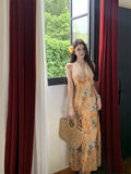 MQTIME  -  Print Floral Vintage Beach Long Dress Women Summer Sleeveless Halter Backless Slim Long Dress Sexy Club Party Birthday Dresses