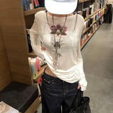 MQTIME  -  Printed Lazy Top Shirt Women Off Shoulder T-shirt Cool Transparent Round Neck Long Sleeved Base Tops New