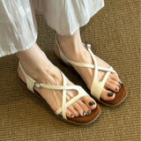 MQTIME  -  Women's retro top layer cowhide single button external wear exposed toe woven mid heel Roman sandals women's new style