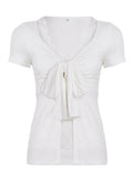 MQTIME  -  American Y2k Solid Lace Patchwork Fake Two Piece Sexy Bandage Bow Top Female