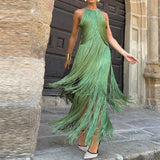 MQTIME  -  Elegant Tassel Splicing Solid Gowns Dress Women Fashion Hight Wasit Sleeveless Long Dress 2025 Sexy Backless Slim Evening Dress