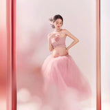 MQTIME  -  Maternity Photo Shoot Outfit Pink Sweet Tupe Top with Mesh Tutu Long Skirt 2pcs for Pregnant Women Studio Photography Shooting
