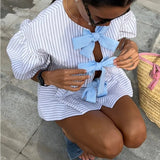 MQTIME  -  Women's Casual Striped 2 Piece-Set Shorts Contrast Bow Lace-Up Cardigan Loose Shorts Daily Party Fashion Female Sets New