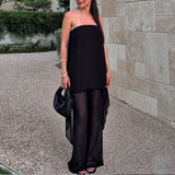 MQTIME  -  Sexy Strapless Hem Top & Long Pants Summer Outfit Casual Loose Thin Holiday Suits Irregular Chiffon Women's Two Piece Set