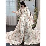 MQTIME  -  Sexy Off-shoulder Puff Sleeve Wedding Dress Women Floral And Butterfly Print Long Tailing Party Dress Toast Clothing