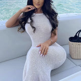 MQTIME  -  Summer New Lady Sequins Dress Summer Solid Color Knit See-through Long Dress Elegant Halter Sleeveless Backless Bodyon Sundress