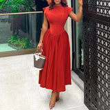 Mqtime Sexy Solid Color Women Tunic Maxi Dresses With Chest Pad Office Lady Casual O-Neck Long Dress Vintage Flying Sleeve Party Dress