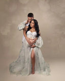 MQTIME  -  Floral Bridal Maternity Dresses With Sleeve Sexy Slit Puffy Custom Made Women Flower Pattern A Line Party Dresses Pregnant Gown