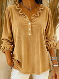 MQTIME  -  New Corduroy Solid Pullovers Elegant Lantern Long Sleeve Loose Tops Autumn New Simple V-neck Ruffles Commute Tops For Women