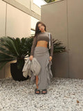 MQTIME  -  Women Sexy Solid Pleated Mesh Long Skirt Chic High Waist Split Ruffled Midi Skirts 2024 Summer Fashion Female Street Skirt