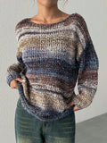 MQTIME  -  Womens Scoop Neck Knit Pullover Indie Sleaze Boho Nostalgia Aesthetic Long Sleeve Jumper Top Variegated Horizontal Striped Indigo Blue Rust Camel Sand Fuzzy Mohair Blend Dropped Shoulder Slouchy Relaxed Drape For A