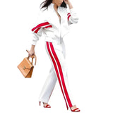 MQTIME  -  Female Fashion Casual Contrast Color Striped Printed Straight Leg Pants & Long Sleeves Zipper Stand Collar Jackets