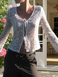MQTIME  -  Elegant Lace Trimmed V-Neck Blouse with Tie Front Detail and Long Sleeves - Stylish Women s Shirt for Chic Street Style