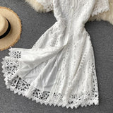 MQTIME  -  Summer New Mid Length Dress Women Dresses A Line Vestidos Hollow Out Round Neck Short Sleeve Single Breasted Elegant High Waist