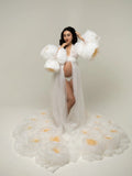 MQTIME  -  Elegant White Maternity Wedding Dress Giant Organza Flowers for Pregnancy Photoshoot Luxury Bridal Gown, Long Train Plus Size