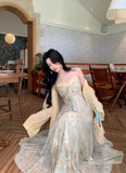MQTIME  -  Summer Floral Printed Long Dress Women Patchwork Lace Chiffon Fairy Dress Casual Gold Stamping Bow Tie Suspender Dress