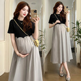 Mqtime 2025 French Style Pregnant Women Elegant Dress Plus Size Long Sleeve O-Neck High Waist Maternity A-Line Dress Long Loose Clothes
