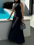 MQTIME  -  Black Dress For Women Summer Sleeveless Fashion Split-Joint High Neck Pleated Bodycon Party Evening Maxi Dresses