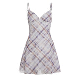 MQTIME  -  Y2k Plaid Gauze V Neck Spaghetti Strap Sexy Backless Patchwork Short Women's Dress