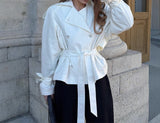 MQTIME  -  French Vintage Suit Collar Solid Color Loose Casual Long Sleeve Short Lace-up Trench Coat 2025