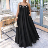 MQTIME  -  Women's Summer Sleeveless Straps Boho Dress Sexy Strapless 3D Flower Loose Maxi Dress Spring Hollow Loose A-Line Long Dress