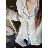 MQTIME  -   New Girl Spring Autumn Soft Thin Collared Embroidered Set Women Ladies Long-sleeve Top Long Pants Loungewear Woman Homewear Teen