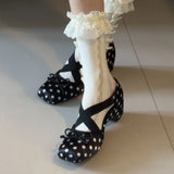 MQTIME  -  Women's Elegant Pink Satin Ballet Shoes Square Toe Cross Strap Polka Dot Bow Mary Jane Shoes Inside Mid Heel Casual Pumps