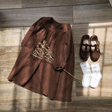  MQTIME  -  French Round Neck Pleated Cotton Crepe Muslin Dress Girls Autumn New Casual Loose Retro Brown Children's Dresses