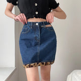 MQTIME  -  Fashion Blue Denim Skirt Female 2024 Leopard Print Frayed Design Sense Hollow Hole High Waist Slim Bag Hip Skirt Women Clothes