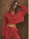 MQTIME  -  Striped Shirts Pants Sets Women 2 Pieces Single Breasted Long Sleeve Lapel Shirt Wide Leg Trousers Suits 2025 Summer Vacation