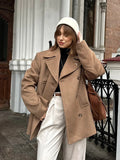 MQTIME  -  Elegant Medium Coats Women Turn-down Collar Full Sleeve Double Breasted Pocket Parka 2025 Autumn Chic Female Casual Outerwear