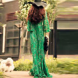 Mqtime Fashion Chiffon Print Half Sleeve Green Dress Women Spring Floral Ruffles Bohemian Long Dresses Female Casual V-Neck Maxi Dress