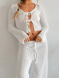 MQTIME  -  Laced up Long Sleeve White Nightwear Spring Autumn Pajamas Lounge Wear Women's Home Clothes Casual Sleepwear Home Wear D422