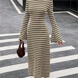 MQTIME  -  Slim Fit Knitted Long Sleeve round Neck Bell Bottom Striped Dress Cross Border New Style Fresh Sweet Style Casual Dress