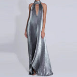  MQTIME  -  Fashion Metallic Pleated Solid Long Dress Casual Sleeveless Backless Loose Party Dress Women Sexy Hollow Out Halter Swing Dress